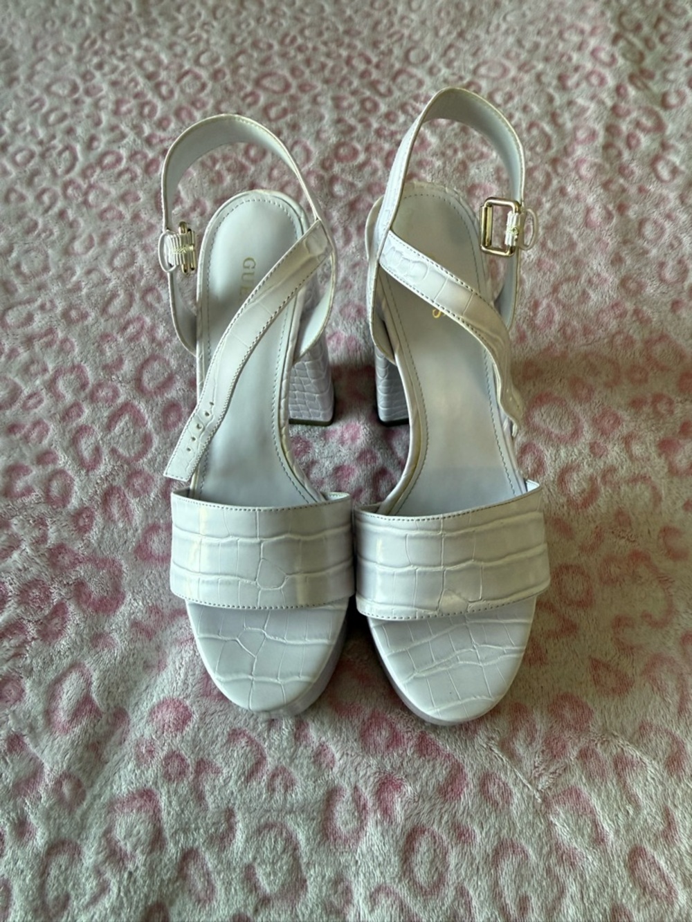 Guess White Croc-Embossed Block Heel Sandals